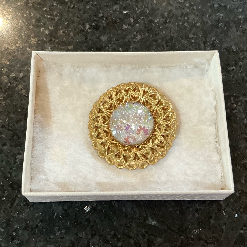 Vintage Western Germany Gold Toned Brooch with Iridescent Glass Center